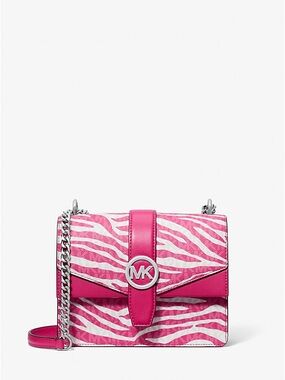 NWT $498 Michael Kors Pink GREENWICH Zebra-Print Leather MK LOGO Crossbody